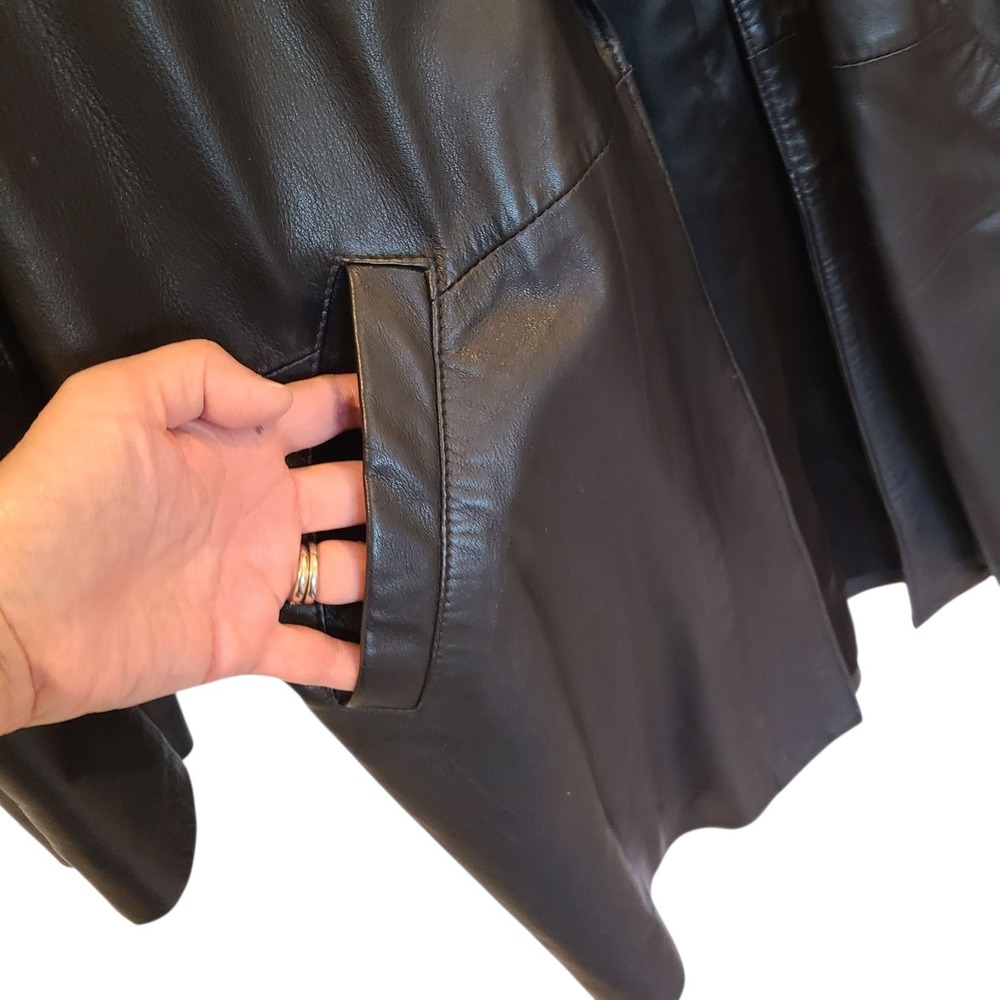 Andrew Marc Black Leather Oversized‎ Open Front Lapel Trench Coat Long Large - Picture 4 of 8